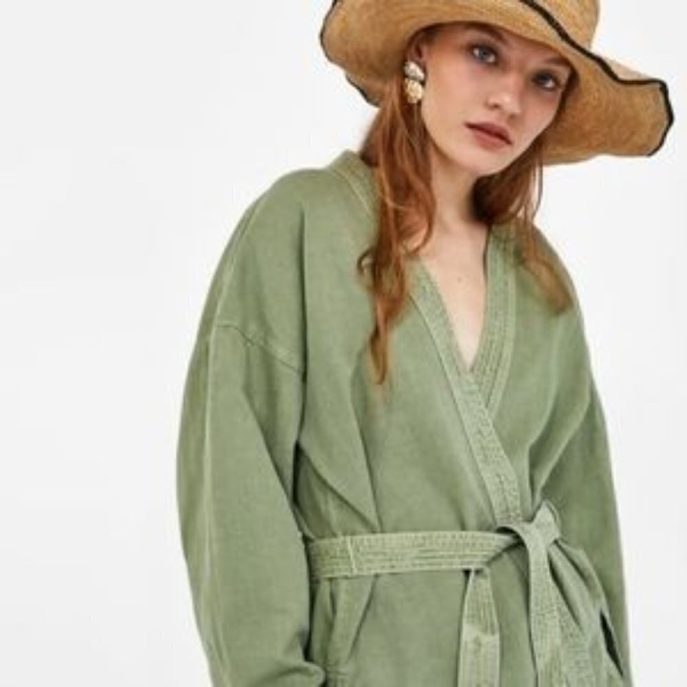 ZARA | Premium Denim Belted Kimono Cotton Linen Wrap Jacket | Sz. XS